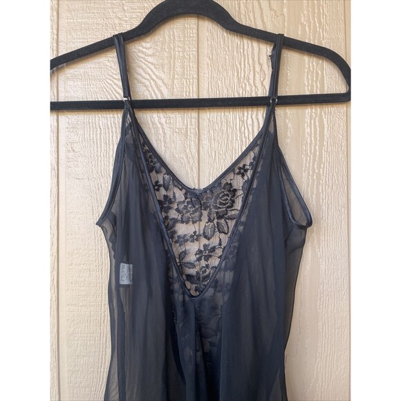 VINTAGE by FREDERICK’S of HOLLYWOOD BLACK Chiffon LACE Négligée NIGHTGOWN M￼ - Picture 9 of 12